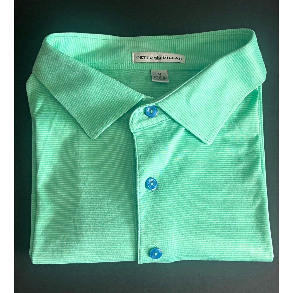 Peter Millar Polo Men's Medium Green Striped Short Sleeve 100% Cotton Button up